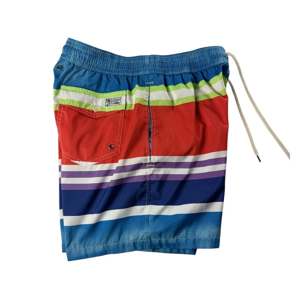 Polo Ralph Lauren Mens Medium Striped Swim Trunks Multi Color Mesh Lined Shorts